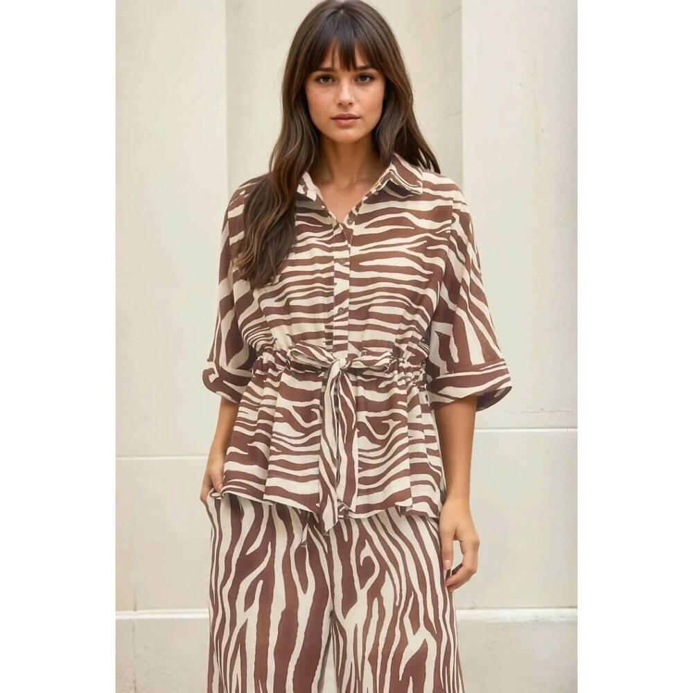 NEW ENTRO elizabeth zebra print drawstring waist top in brown